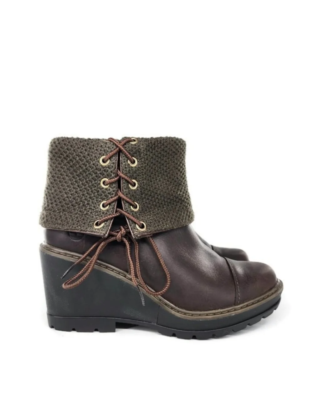 Timberland Kellis Brown Leather Olive Fold Down Side Lace Lug Sole Ankle Boots